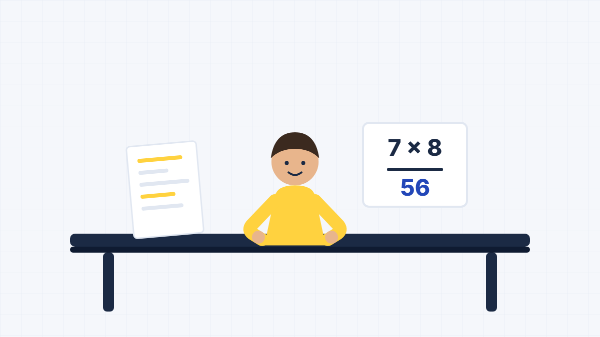 Desenho em cores planas: um estudante sentado à escrivaninha resolve um cartão de multiplicação com o lápis na mão, uma folha de papel ao lado e um copo com lápis no canto da mesa.