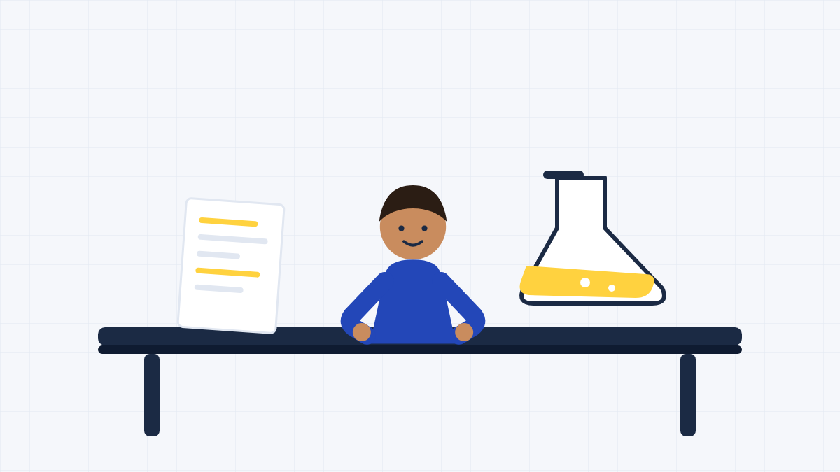Flat-colour drawing of a student sitting at a table with a glass beaker in front of them and an open notebook, looking closely at the beaker and writing down what they see.